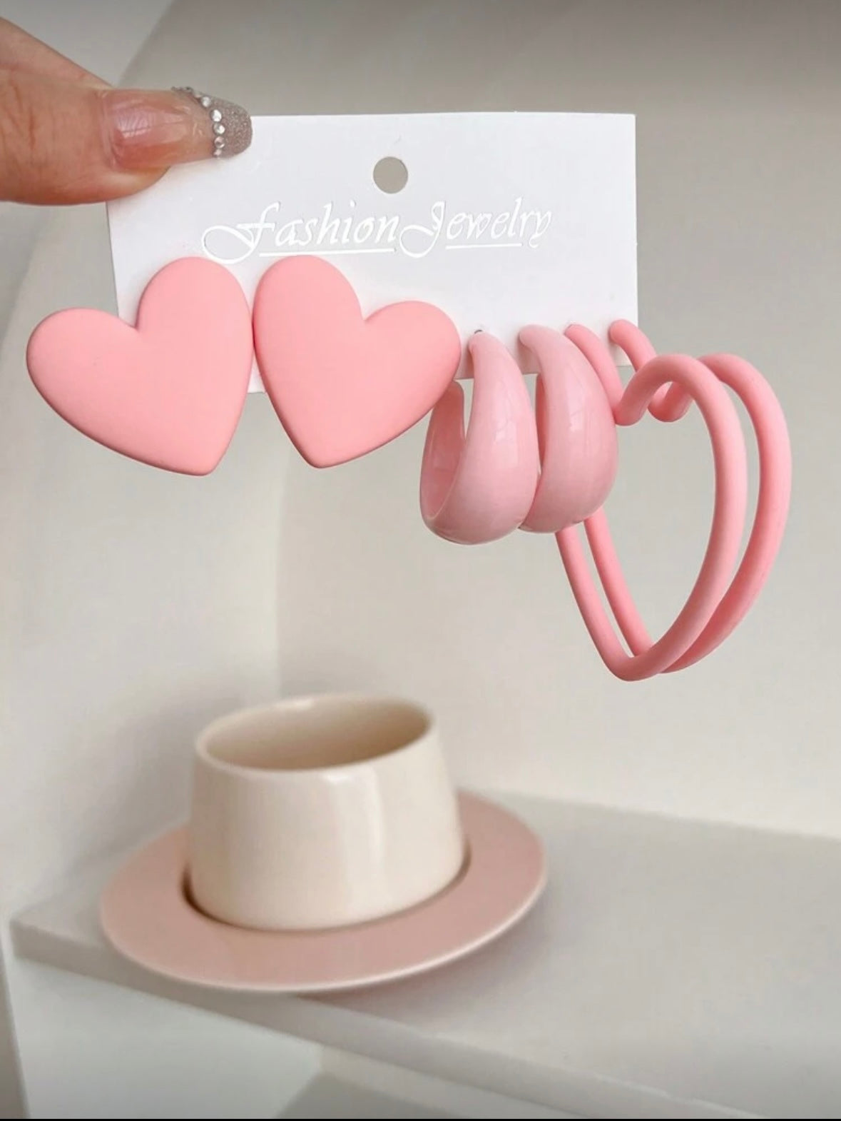 3 Pairs of Heart Geometric Earrings - Light Pink