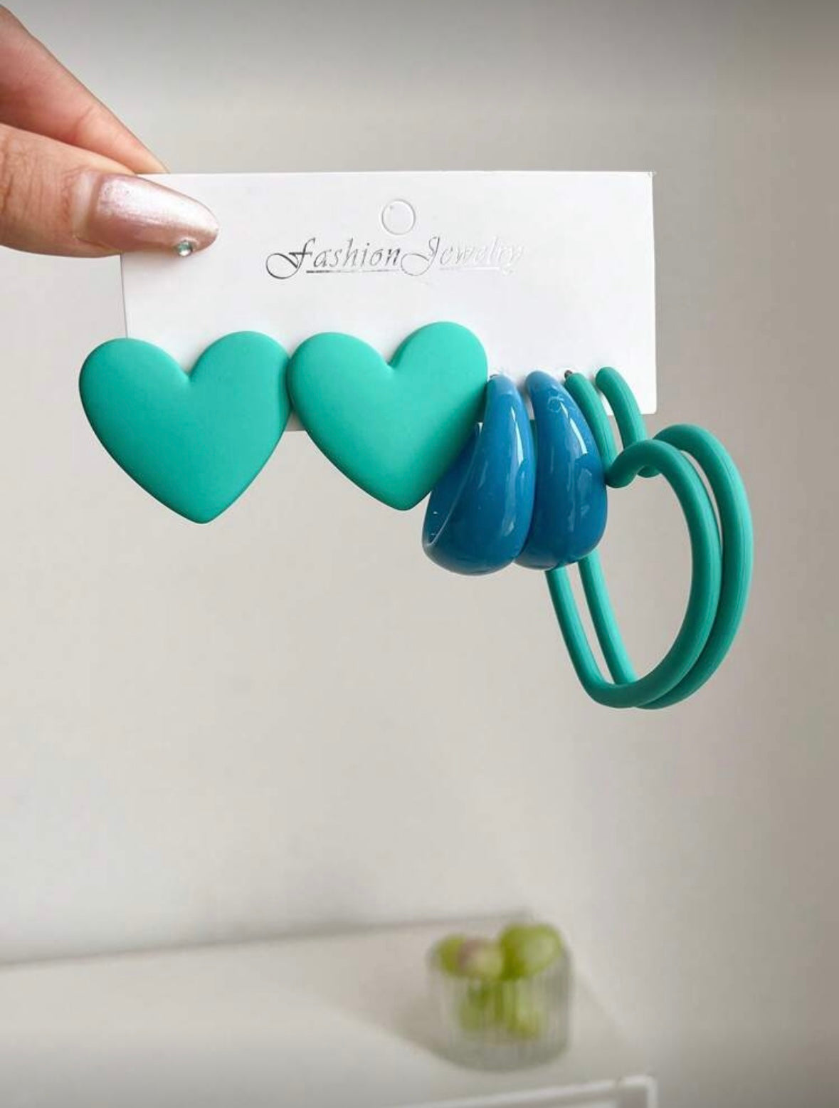 3 Pairs of Heart Geometric Earrings - Teal