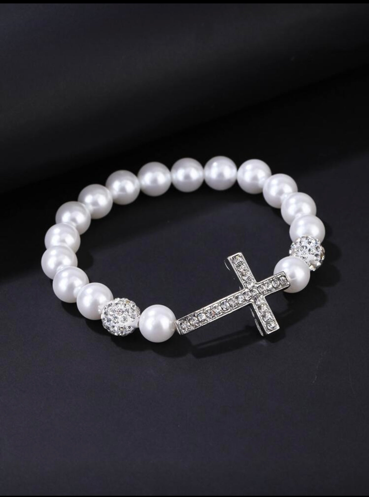 Rhinestone Cross & Faux Pearl Decor Beaded Bracelet