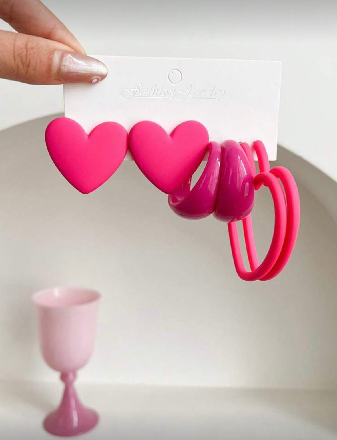 3 Pairs of Heart Geometric Earrings - Hot Pink