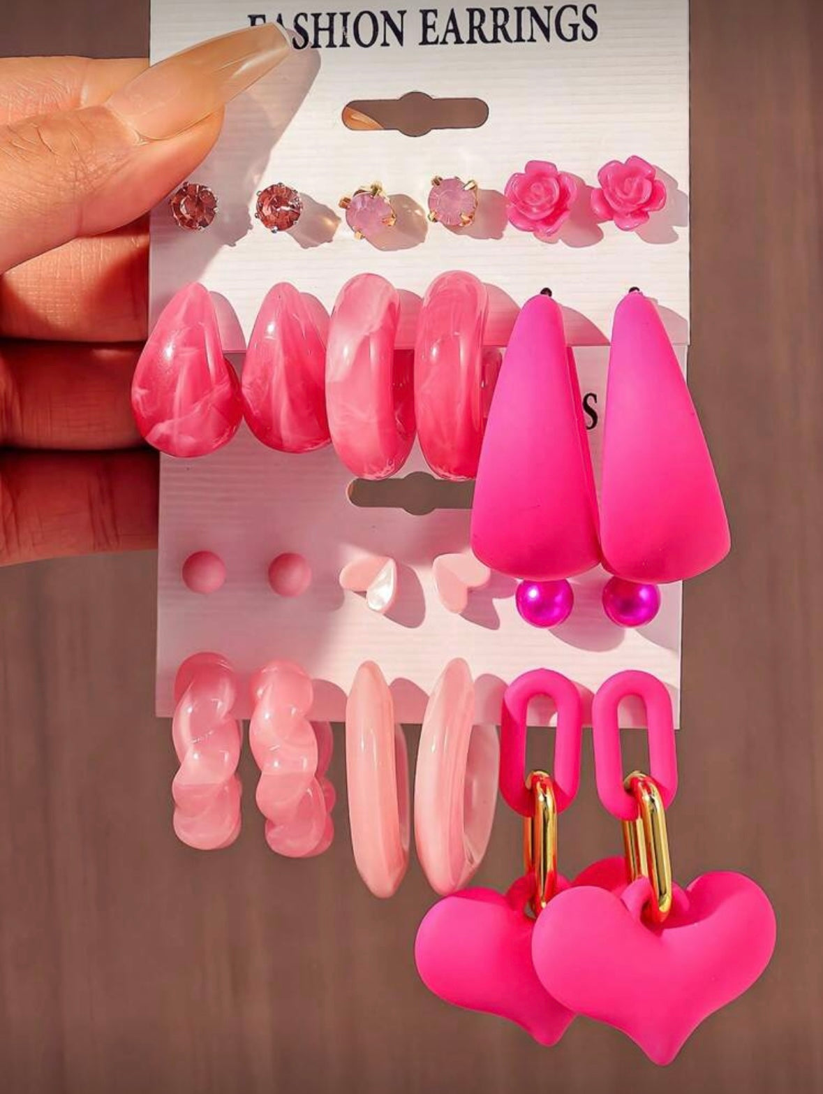 12 Pairs Acrylic Resin Pink Teardrop Rhinestone Stud Earrings Set