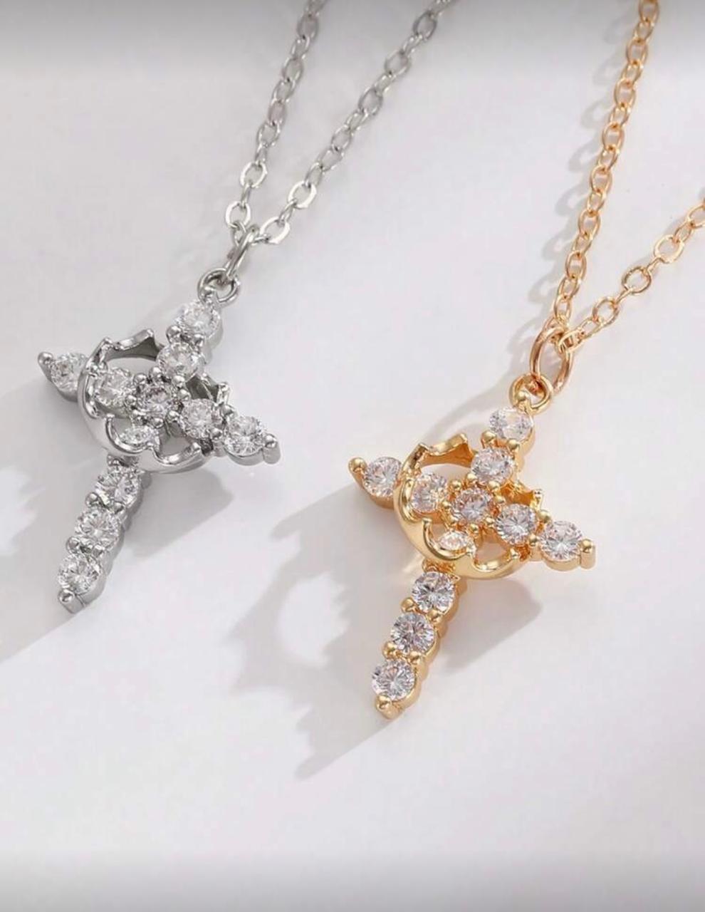 Christian Crown Cross Pendant Necklace  Gold and Silver